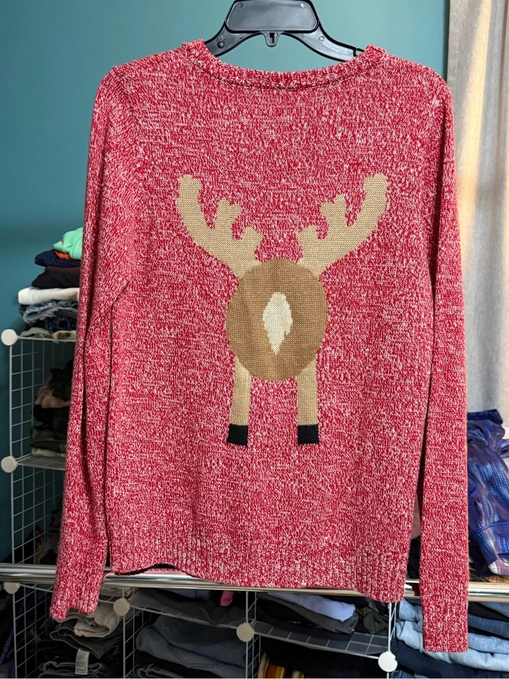 Reindeer Christmas Sweater Red Marled Knit Pom-Pom Nose